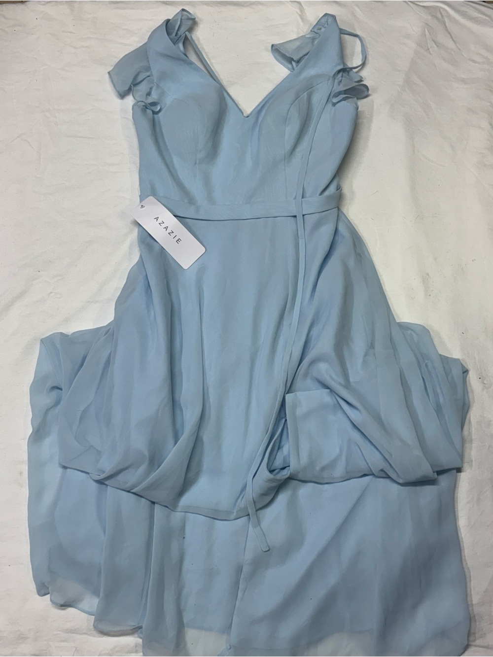 Azazie Light Blue Chiffon Ruffle Strap Maxi Dress